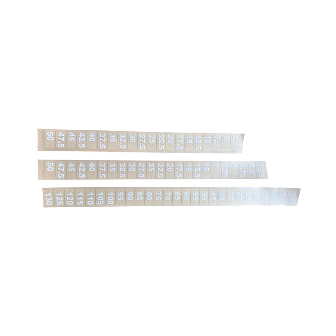 NUMBERS - TECH WEIGHT STACK NUMB 2.5-5-10  WHITE ON CLEAR - 130KG 2.5-5-10-15-20-25-30-35-40-45-50-55-60-65-70-75-80-85-90-95-100-105-110-115-120-125-130
